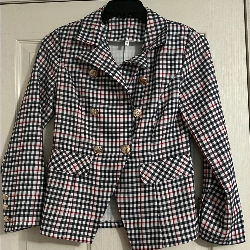 Sentmoon regular lapel slim checkered blazer red pink blue white gold buttons - Picture 2 of 6